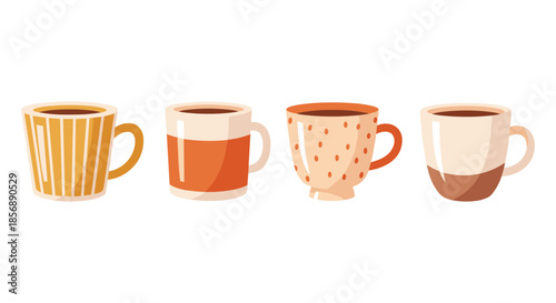 Four decorative ceramic mugs filled with coffee, displayed in a row