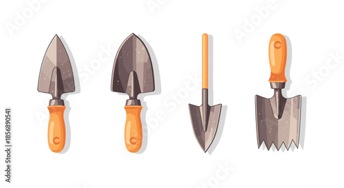 Set of four cartoon gardening trowels and spades with orange handles