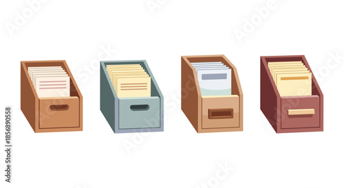 Four different colored document holders with files and papers inside