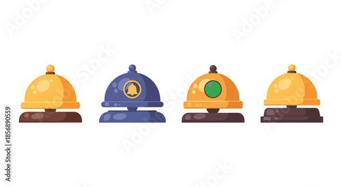 Collection of four different reception desk bells in a flat design style