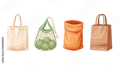 Collection of reusable and disposable shopping bags for groceries and shopping