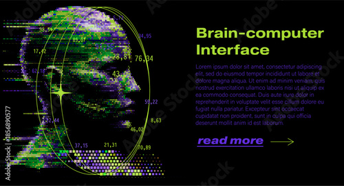 human head in profile formed by colorful pixelated dots and data streams, encircled by glowing orbits and numbers on a black background. Conceptual vector illustration for brain-computer interface.