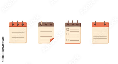 Set of four different notepad icons with spiral binding and lined pages