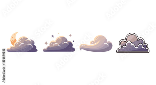 Collection of stylized clouds with moon and stars, perfect for weather icons