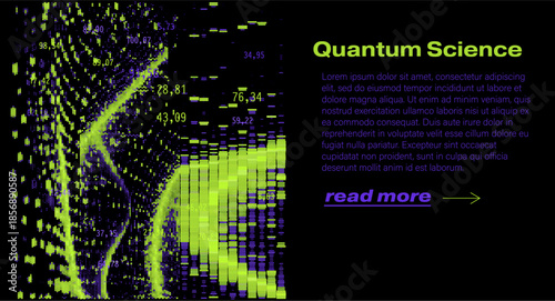 Swirling particle trails and vertical data bars in vibrant lime green and purple on a black background. Conceptual vector illustration for quantum science, particle physics, data visualization.