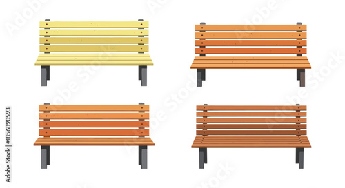 Collection of four wooden park benches in different colors and shades of brown