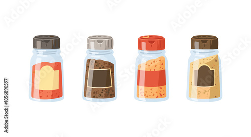 Four glass spice jars with different seasonings and colorful labels