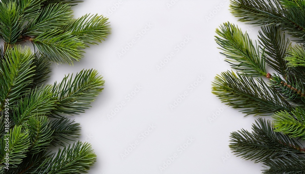 Obraz premium closeup of fresh green pine branches forming a natural border on a white background