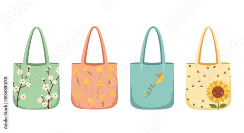 Four colorful tote bags with cute cartoon designs for spring and summer