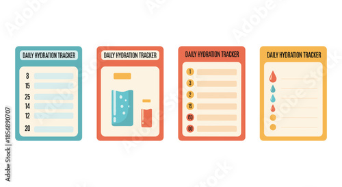 Collection of four daily hydration tracker templates with different designs and layouts