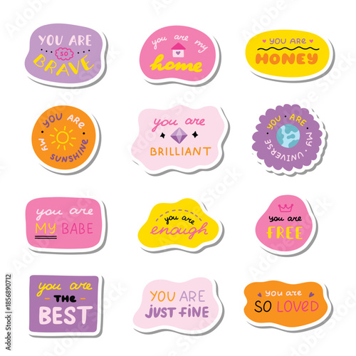 Collection of colorful motivational stickers with positive affirmations and encouraging messages.