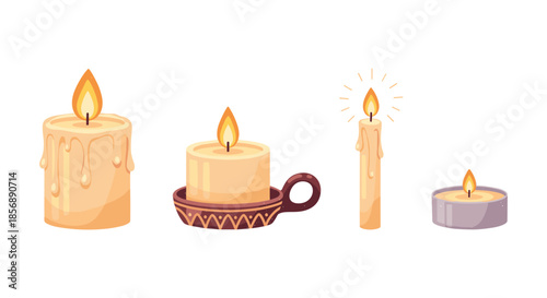 Collection of four different burning candles with warm flames and dripping wax