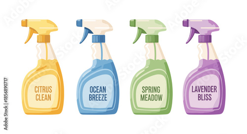 Four colorful spray bottles with different scents for cleaning products