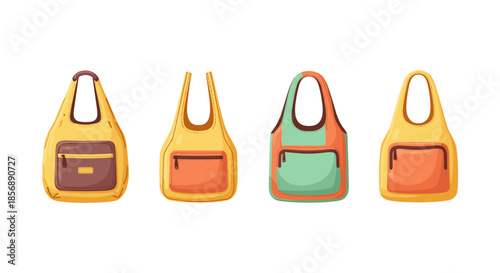 Collection of four colorful tote bags with front pockets and zippers