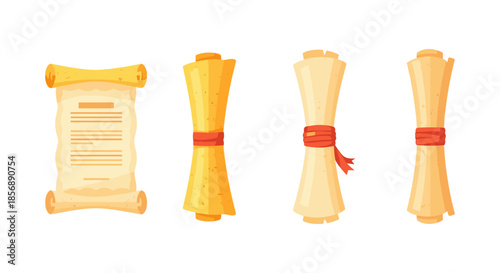 Collection of four antique scrolls tied with red ribbon, isolated on white background