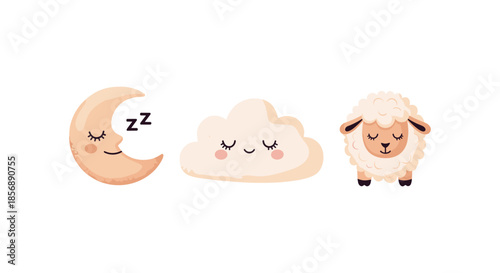 Cute sleeping moon, cloud, and sheep characters on white background