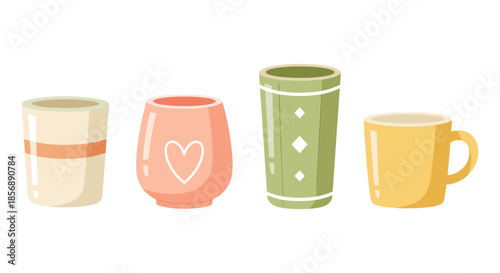 Collection of four cute, colorful ceramic cups and mugs with simple designs