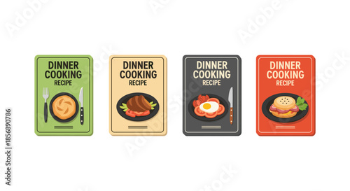 Collection of four dinner cooking recipe book covers with food illustrations