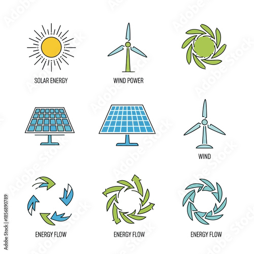 Renewable energy sources icons for sustainable power solutions
