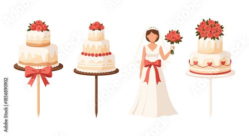 Wedding celebration elements: bride and decorated cakes on white background