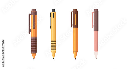 Collection of four modern pens with different designs and colors on a white background