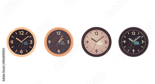 Four different analog clocks with digital displays showing various times