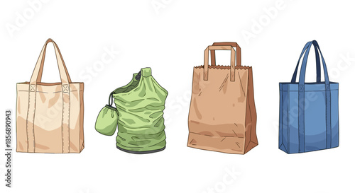 Collection of diverse reusable shopping bags and paper bags on white background