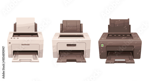 Three different printers in a row, a set of office equipment illustrations