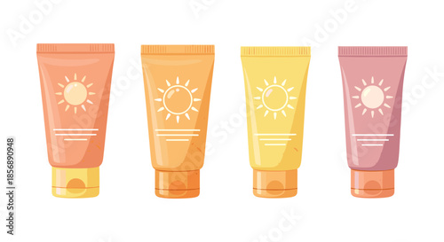 Four colorful sunblock tubes with sun icons, isolated on white background