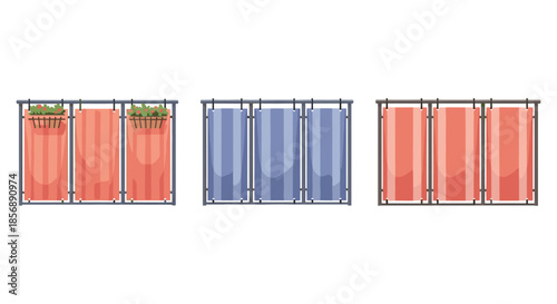 Set of balcony privacy screens with different colors and plants