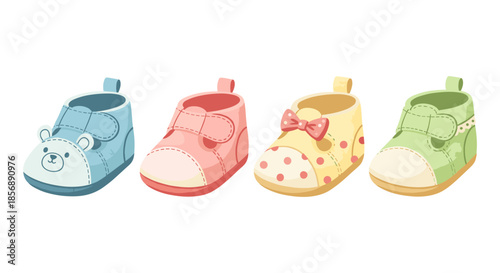 Collection of four adorable baby booties in different colors and designs