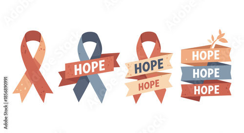 Collection of hope ribbons with different designs and colors for awareness campaigns