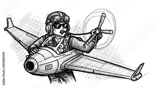 Hand drawn vector sketch illustration of a smiling female aviator wearing vintage goggles sunglasses and helmet flying a small cartoon airplane while grasping the spinning propeller and control stick