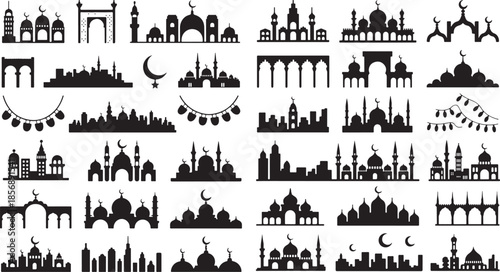 Collection of mosque and city skyline silhouettes with crescent moon and lanterns