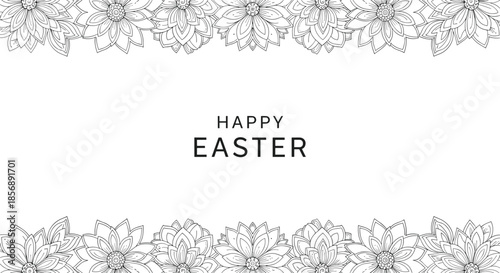 Happy Easter greeting banner featuring hand-drawn floral borders with detailed blossoms and delicate leaves on top and bottom edges.