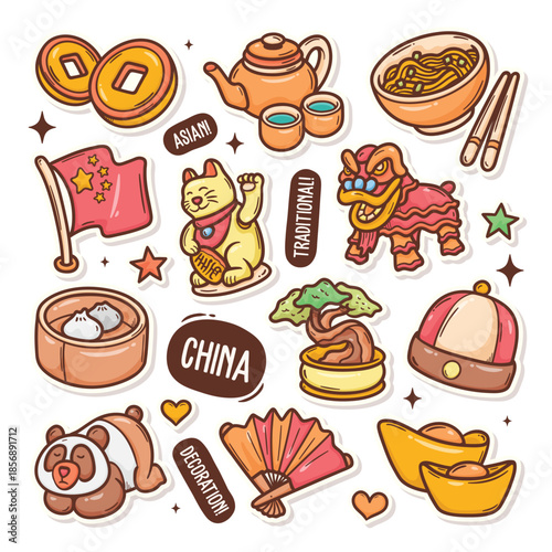 Collection of cute cartoon icons representing Chinese culture symbols and food items.