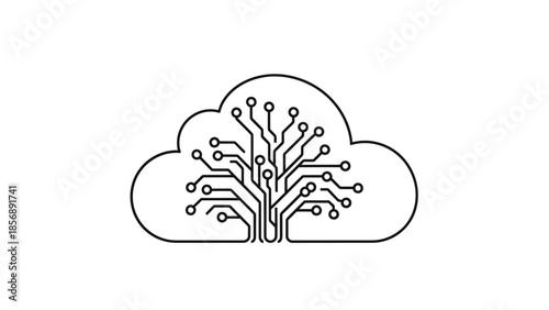 Abstract illustration of a cloud housing a circuit board tree, symbolizing the interconnected growth of digital data, computing power, and network infrastructure