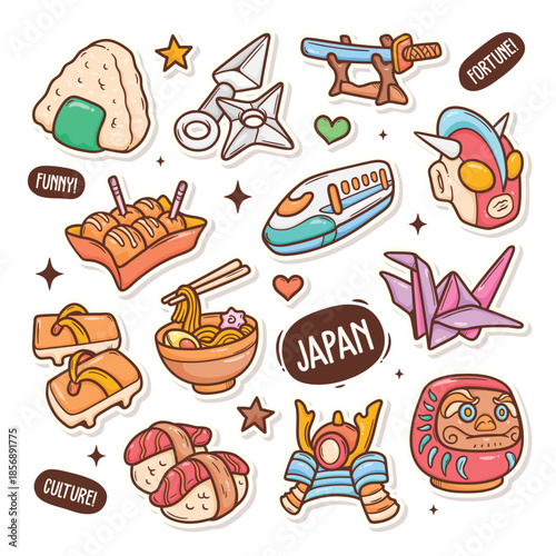 Collection of cute cartoon stickers depicting Japanese cultural icons and food items.