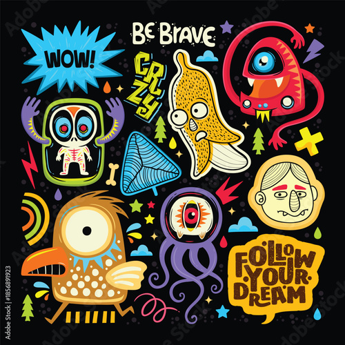 Collection of vibrant cartoon monsters and quirky creatures with motivational texts.