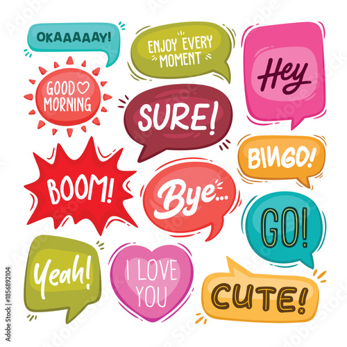 Collection of vibrant speech bubbles featuring fun exclamations and positive messages.