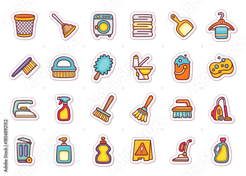 Colorful cartoon icons depicting various household cleaning tools and supplies.
