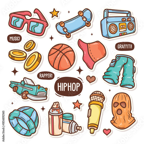 Colorful cartoon icons depicting various hip hop culture elements.