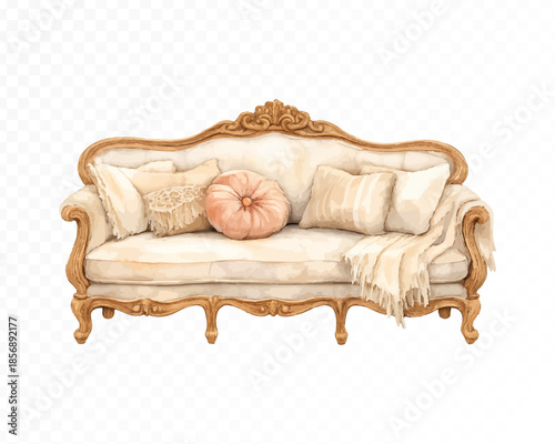 Elegant vintage sofa with carved wooden frame, soft ivory upholstery, decorative pillows and cozy throw blanket, romantic classic furniture piece in pastel tones. Vector illustration