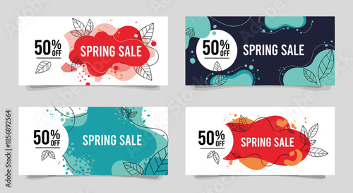 Set of four colorful Spring Sale banners featuring abstract shapes, leaf sketches, and a fifty percent off discount text in vector.