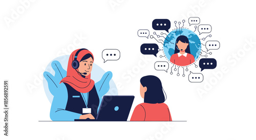 Professional woman in a hijab working as a customer service agent assisting a client with digital network and profile icons.