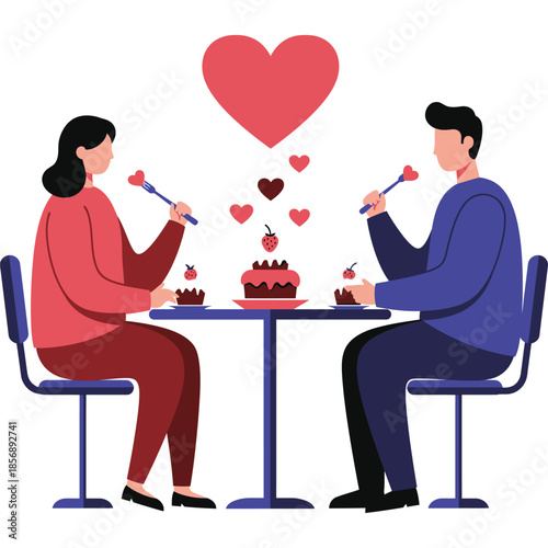 Romantic Couple Sharing Dessert Together - Sweet Moment with Hearts Symbolizing Love and Affection