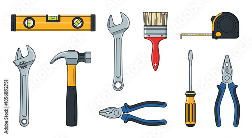 Collection of essential hand tools for home repair and construction including wrenches, hammer, level, and pliers on a white background.