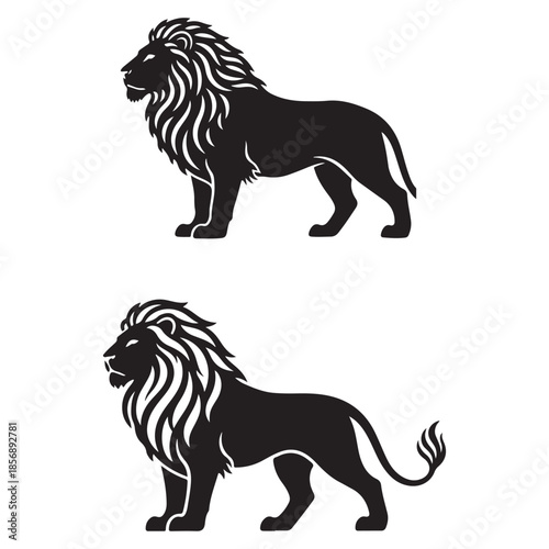 Two black silhouette lions power courage animal vector design