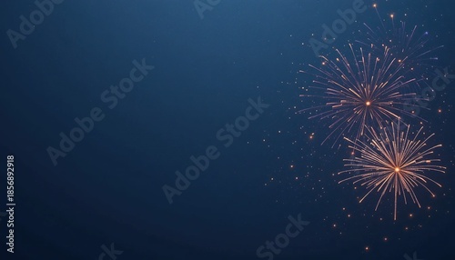 Colorful fireworks display with copy space over a dark blue starry night sky, a festive holiday background