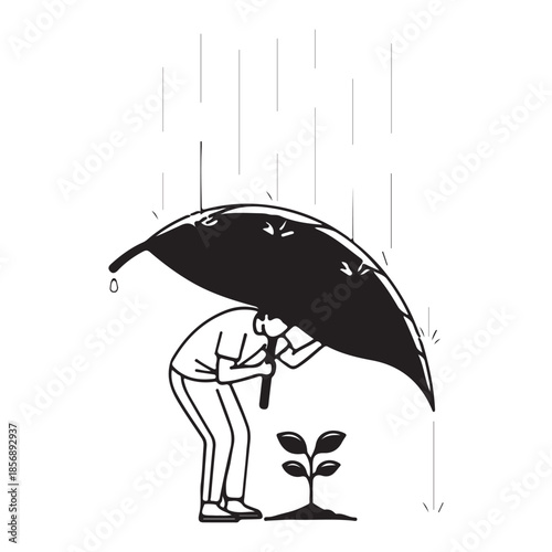 Man protecting sapling with leaf umbrella rain environment care